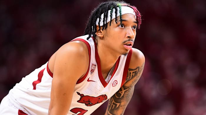 Arkansas guard Nick Smith watches as free throws are shot against Mississippi State.